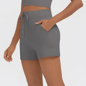High waist athletic gym shorts for women with drawstring pockets grey sport workout activewear