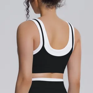 Soutien-gorge de sport côtelé faux deux pièces, brassière de yoga fitness running pour femme.