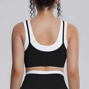 Soutien-gorge de sport faux deux-pièces femme haut de yoga côtelé fitness course entraînement