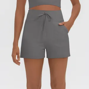 Women's high waist active shorts side pockets workout fitness running athletic gym grey