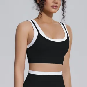 Soutien-gorge de sport yoga noir et blanc, haut court de fitness côtelé pour femmes, fitness.