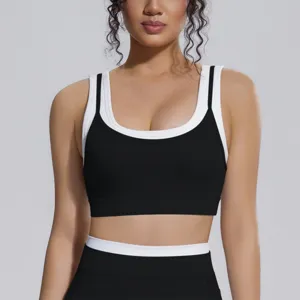 Soutien-gorge de sport côtelé noir et blanc faux deux pièces pour fitness yoga.