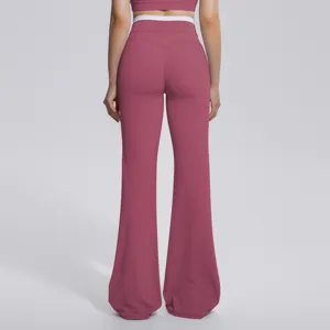 Pantalon de yoga évasé fitness taille haute pour femme, ceinture contrastée sport large.