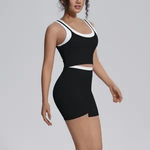 Close-up detail of women breathable athletic crop top and shorts two piece fitness workout set.