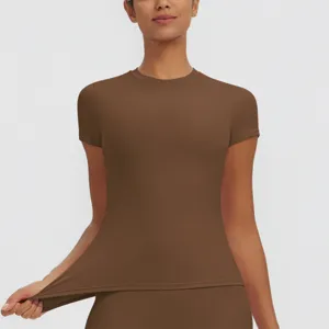 Women brown short sleeve slim fit athletic t shirt yoga fitness top running workout shirt