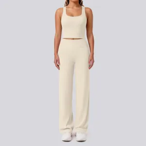 Einfarbiges Nylon Racerback Yoga Crop Top und hoch Taille Hosen zweiteiliges Sportset.