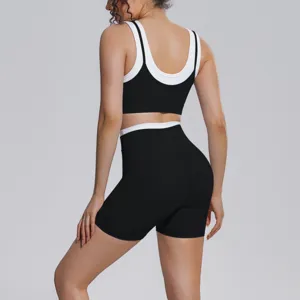 Contrast color yoga set sports bra and high waist shorts for gym running fitness workout