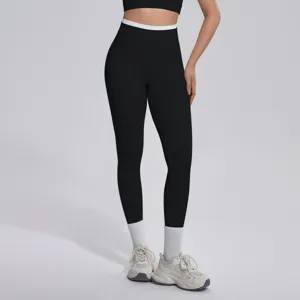 Leggings de yoga taille haute avec ceinture contraste fitness course sport pantalon femme