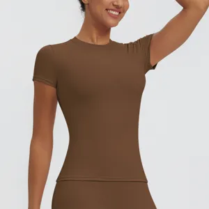 Brown short sleeve slim fit yoga top, breathable and quick-drying fitness activewear for women.