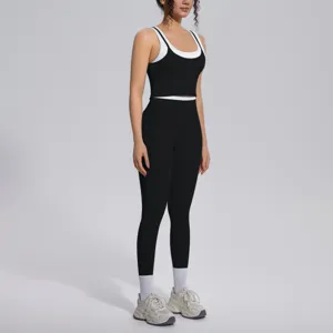 Contrast ribbed tank top and high elastic leggings yoga set for running fitness activewear.