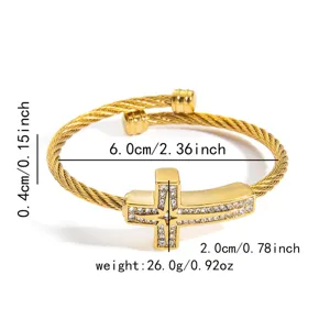 Herren Gold Drahtseil Kreuz Strass Armreif Armband Detail Ansicht Schmuck Stahl Mode