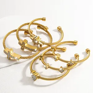 Herren Edelstahl Kordel Armband Set mit Kreuz Zirkon Charms Hip Hop Schmuck