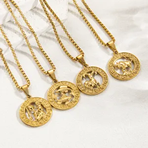 Goldenes Sternzeichen Anhänger Halskette Edelstahl runde Medallion Astrologie Schmuck