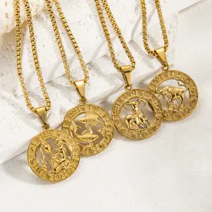 Edelstahl runde Sternzeichen Anhänger Halskette Vintage Gold Horoskop Schmuck Damen