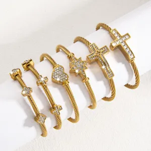 Hip Hop Punk Titanstahl Kabel Armreif Für Herren Strass Kreuz Achtzackiger Stern Herz Offener Gedrehter Draht Armband Trend Schmuck