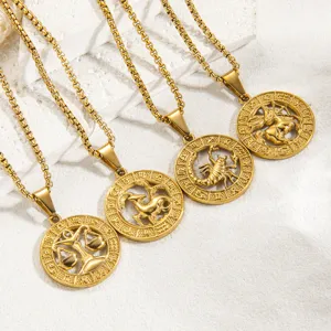 Vintage Gold Edelstahl Tierkreiszeichen Anhänger Halskette mit mehreren Astrologie Motiven.