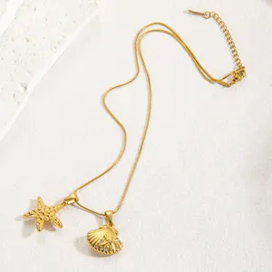 Goldene Edelstahl Ozean Seestern und Muschel Anhänger Halskette Detailansicht, Modeschmuck.