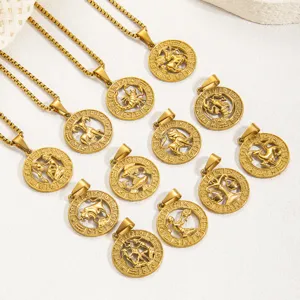 Vintage 304 Edelstahl Rund Zwölf Sternzeichen Halskette Anhänger Minimalistische Mode Schlüsselbein Kette Für Damen Herren Schmuck