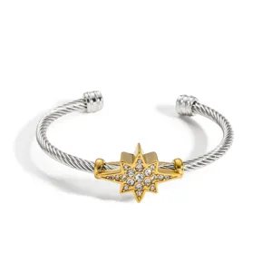 Edelstahl Kabel Armreif mit goldfarbenem Kristall Stern Anhänger für Herren Schmuck.
