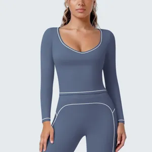Damen Langarm Sportshirt Kontrast Paspel atmungsaktiv Fitness Yoga Laufen Oberteil neu