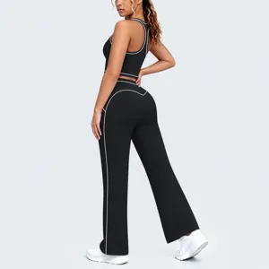 Ensemble de sport soutien-gorge dos nageur et pantalon de yoga évasé à bordures