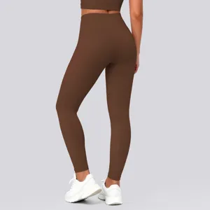 High-waist brown yoga leggings for women, stretch fitness pants for running and gym workouts.