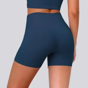 High waist yoga shorts back view detail, dark blue stretch fitness pants for women workout.