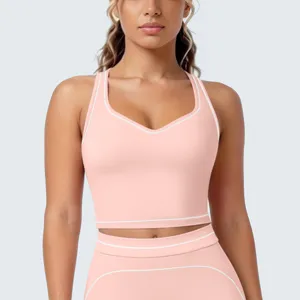 Roze sportbeha met contrasterende rand voor dames ademende yoga fitness crop top workout kleding