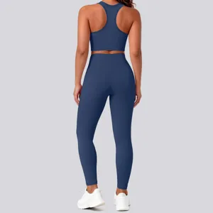 Solid color activewear set featuring a racerback sports bra and high-waisted yoga leggings for women.