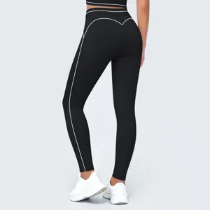 Pantalones de yoga de cintura alta con ribete en contraste, mallas deportivas fitness.