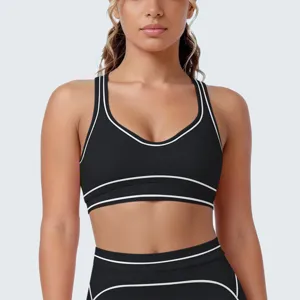 Zwarte sport-bh met contrastbiesen en U-rug voor yoga, hardlopen en fitness trainingen.