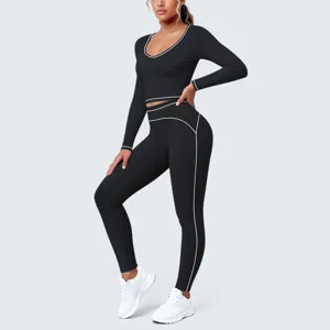 Women's black long sleeve crop top yoga set with stylish contrast piping activewear fitness outfit