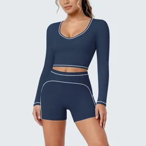 Long sleeve shorts yoga set for women, contrast trim workout fitness two piece activewear.