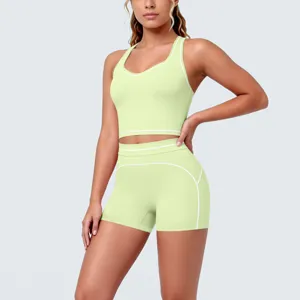 Detailed view of the lime green ribbed sports crop top and matching shorts fitness set.
