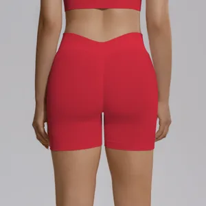 Seamless knit V-waist yoga shorts back detail featuring high waist peach butt lifting fit.