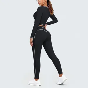 Black contrast piping long sleeve crop top and leggings yoga set for women fitness workout