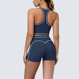 Contrast racerback yoga set activewear gym two-piece outfit with stylish piping details.