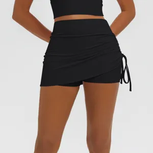High-waist ruched fake two-piece yoga skirt with side drawstrings, breathable athletic wear.