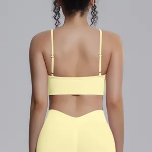 Detailed back view of yellow seamless ribbed yoga crop top and matching leggings sport set.
