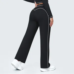 Women black high waist contrast piping athletic long pants casual yoga trousers for fitness