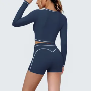 Details of the dark blue activewear set featuring long sleeves and contrast white piping details.