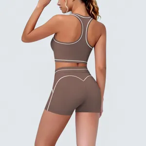 Cross-border contrast color brushed racerback tight yoga set fitness running two-piece suit