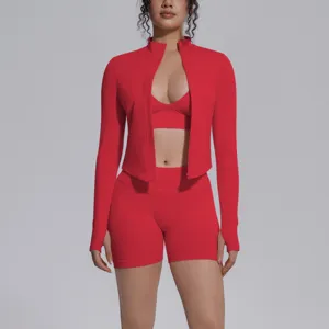 Seamless solid color high elastic activewear 3-piece set detail view, fitness yoga.