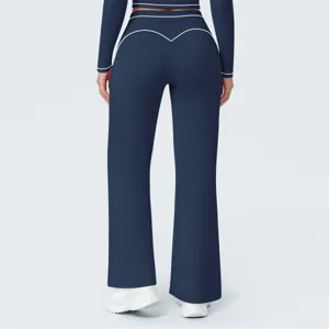 Women high waist flare yoga pants set deep blue athletic workout tracksuit with white piping.
