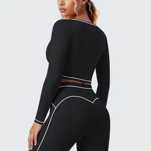Damen Sportbekleidung Set mit Kontrastpaspelierung langärmelig Crop Top Fitness Yoga Outfit