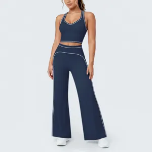 Ensemble de yoga 2 pièces pour femme haut court de fitness et pantalon large contrasté