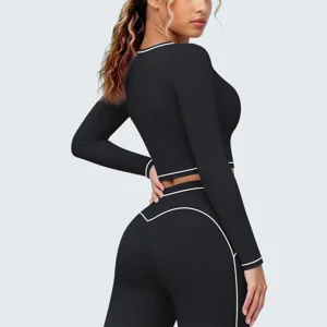 Damen Kontrastfarbe Langarm Sport Crop Top und Leggings Fitness Yoga Activewear Set