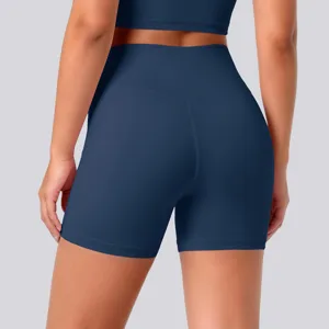 High waist athletic yoga shorts for women, stretchy breathable fitness running sportswear.