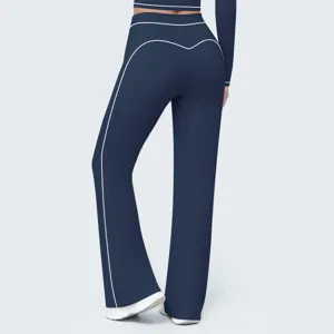Women high waist wide leg yoga pants back view, dark blue athletic fitness workout trousers.