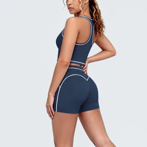 Details of the women's contrast piping yoga set, featuring a racerback tank top and shorts.